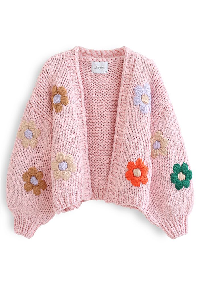 Stitch Flowers Hand-Knit Chunky Cardigan in Pink