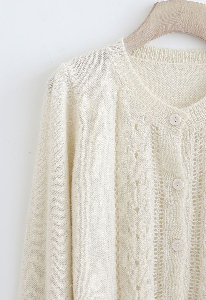 Hollow Out Fuzzy Knit Cardigan in Cream