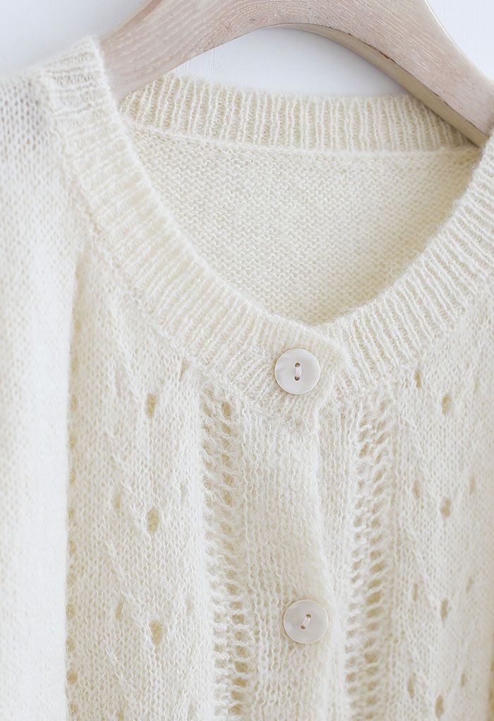 Hollow Out Fuzzy Knit Cardigan in Cream