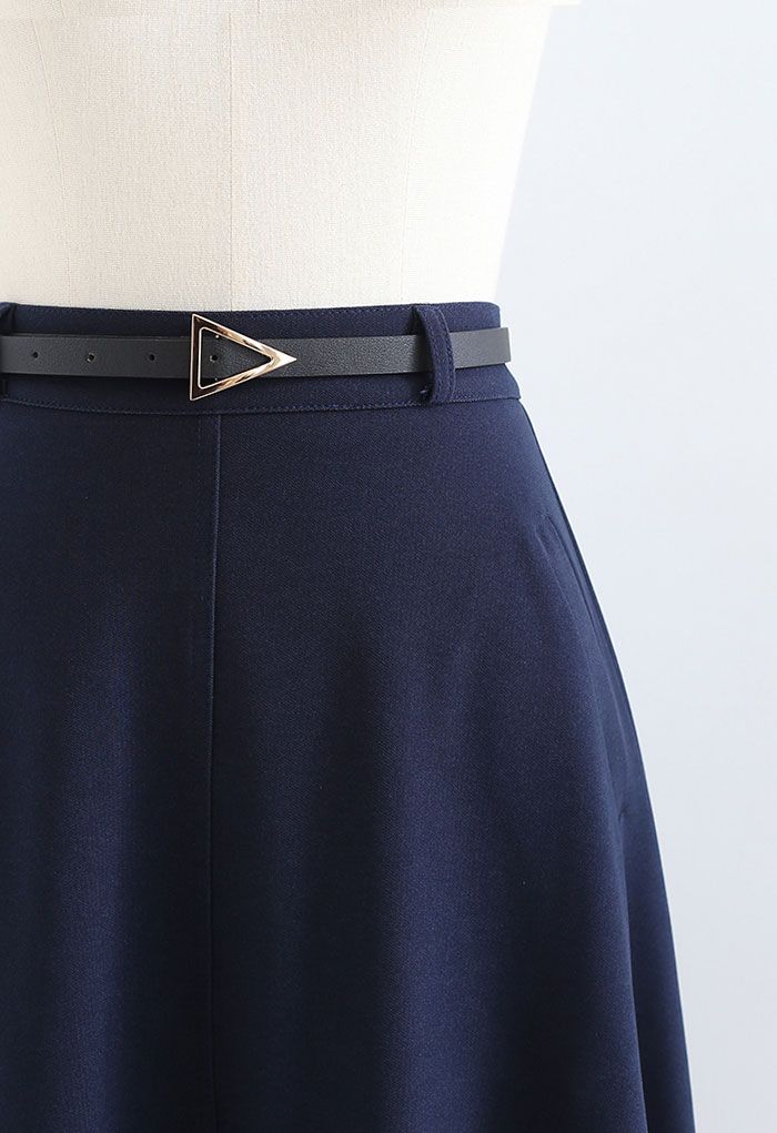 Slanted Side Pocket Belted A-Line Midi Skirt in Navy