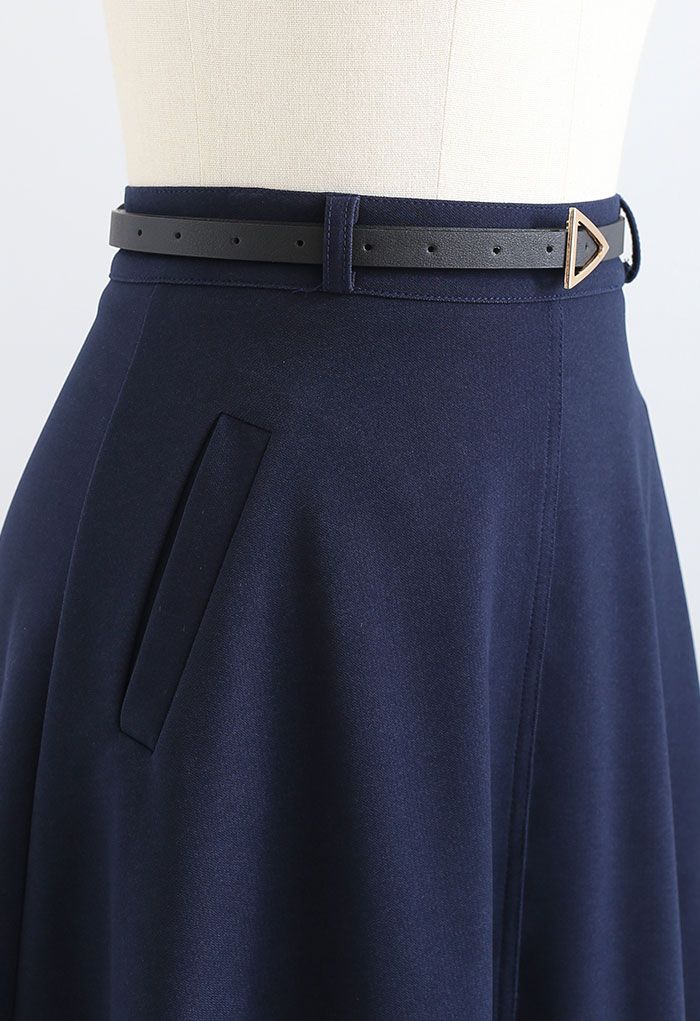 Slanted Side Pocket Belted A-Line Midi Skirt in Navy