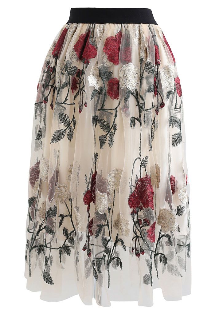 Red Golden Rose Embroidered Mesh Midi Skirt - Retro, Indie and Unique ...