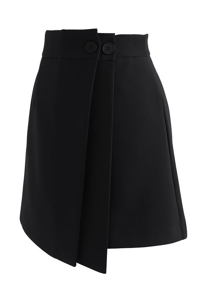 Double Flap Buttoned Mini Skirt in Black