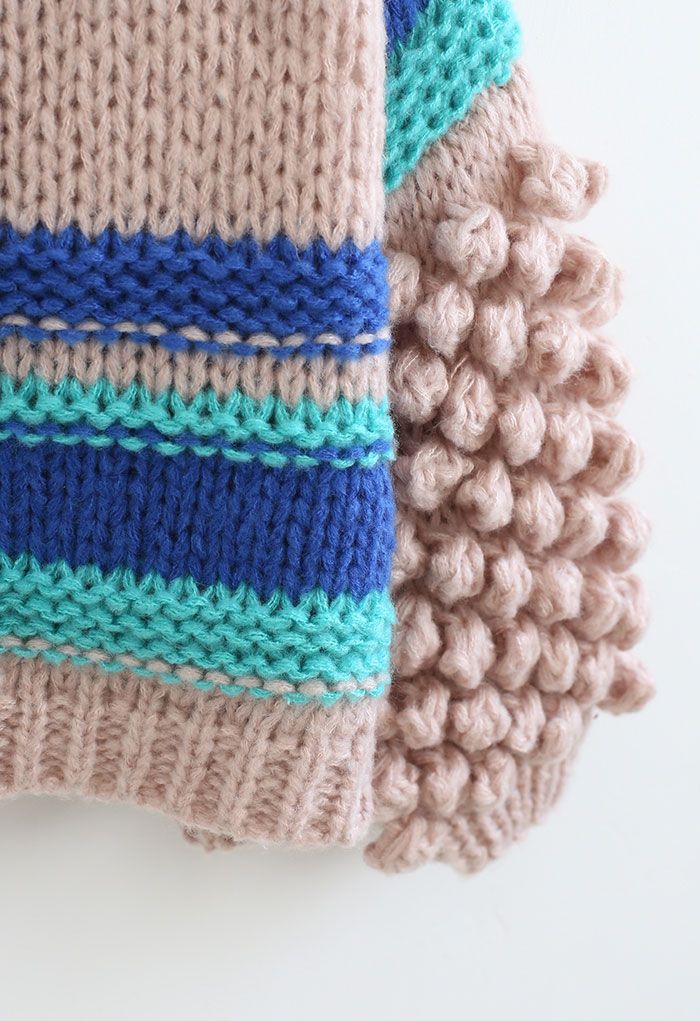 Pom-Pom Sleeve Hand-Knit Chunky Sweater