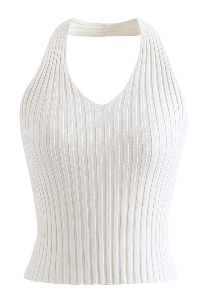 Halter Neck Crop Knit Top in White