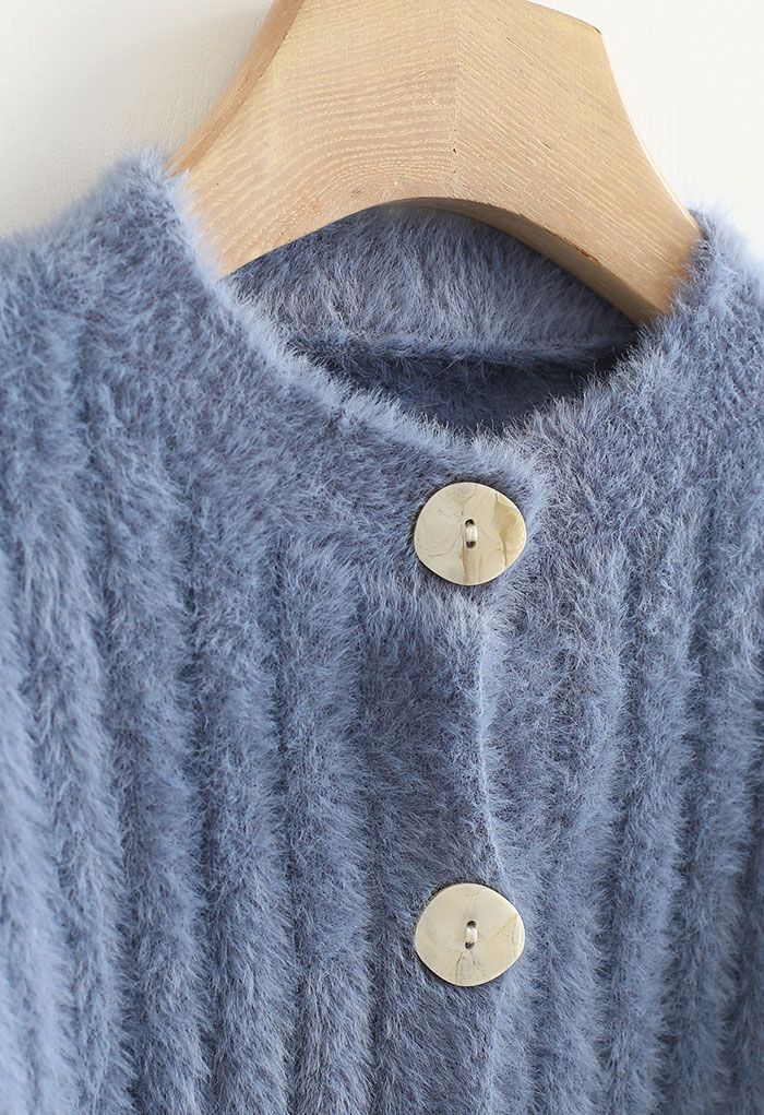 Button Down Cropped Fuzzy Knit Cardigan in Blue