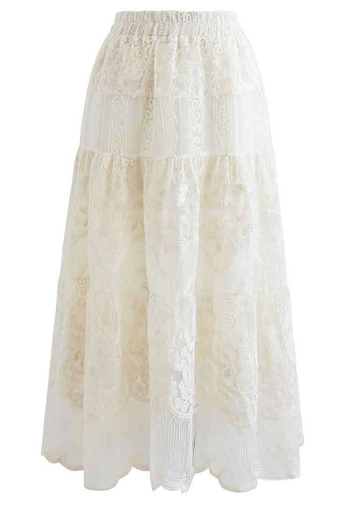 Floral Embroidery Organza Skirt in Cream