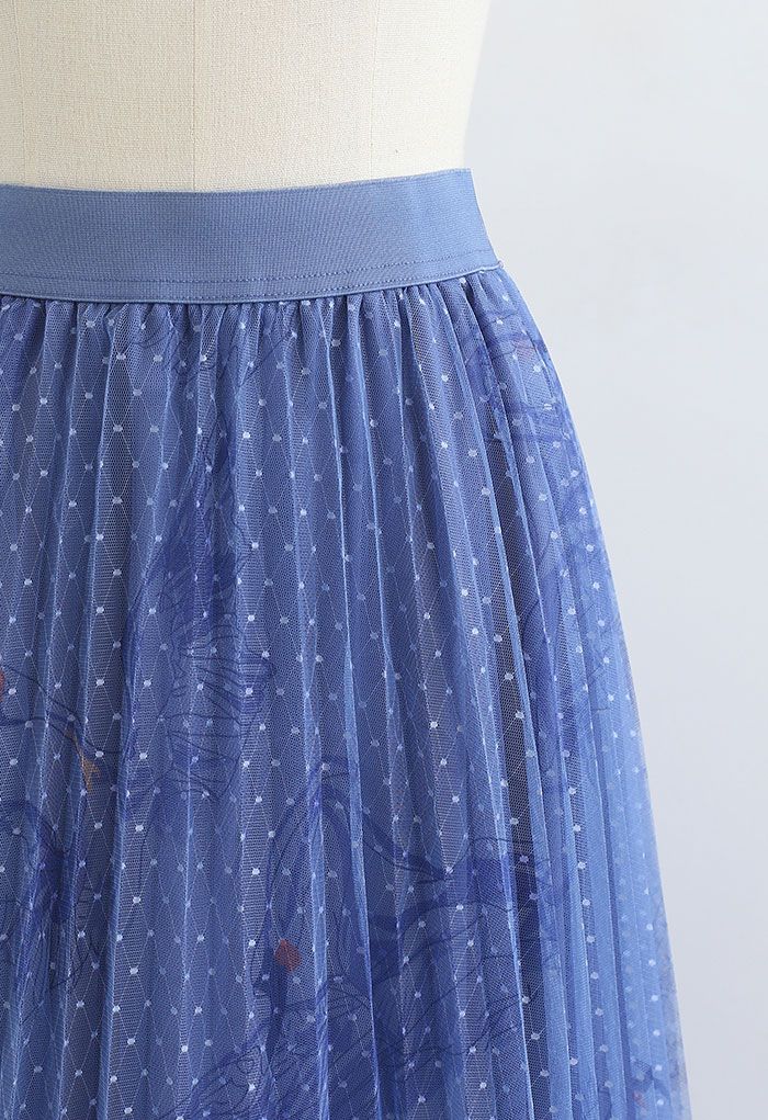 Swan Dotted Mesh Pleated Skirt in Blue
