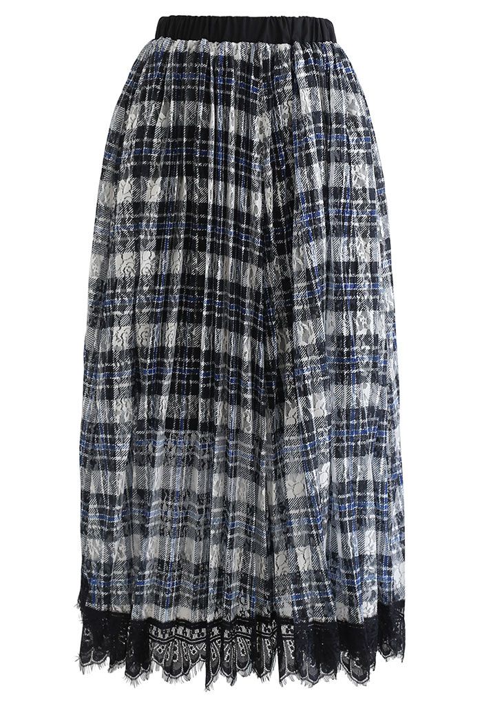 Plaid Print Lacy Pleated Skirt in Indigo