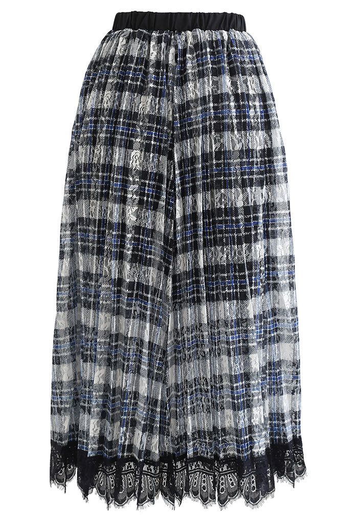 Plaid Print Lacy Pleated Skirt in Indigo