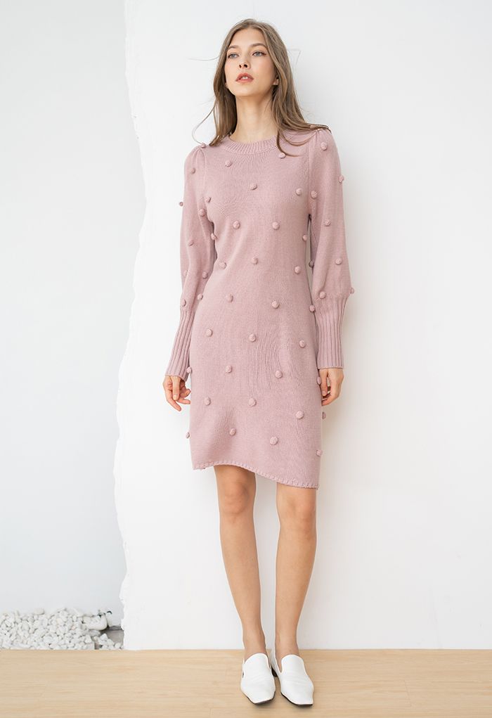 Puff Sleeve Pom-Pom Sweater Dress in Pink