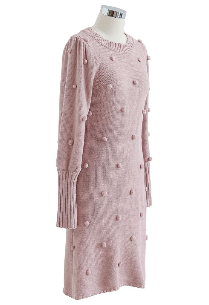 Puff Sleeve Pom-Pom Sweater Dress in Pink