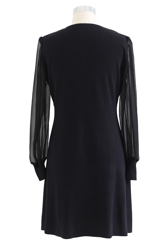 Pearly Bowknot Organza Sleeve Knit Dress in Black