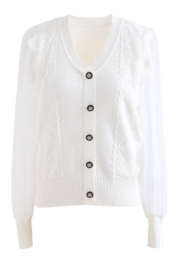 Sheer-Sleeve Lacey Button Trim Knit Top in White