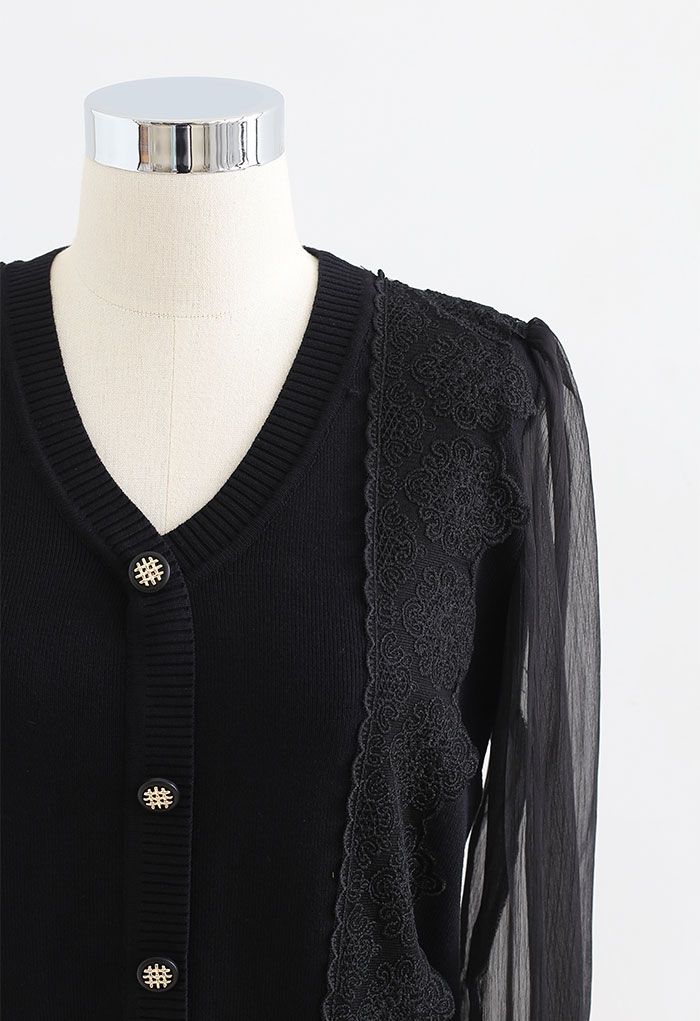 Sheer-Sleeve Lacey Button Trim Knit Top in Black