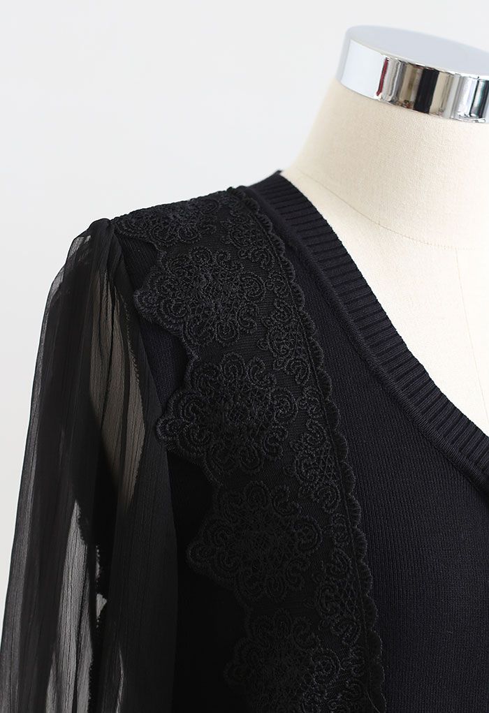 Sheer-Sleeve Lacey Button Trim Knit Top in Black