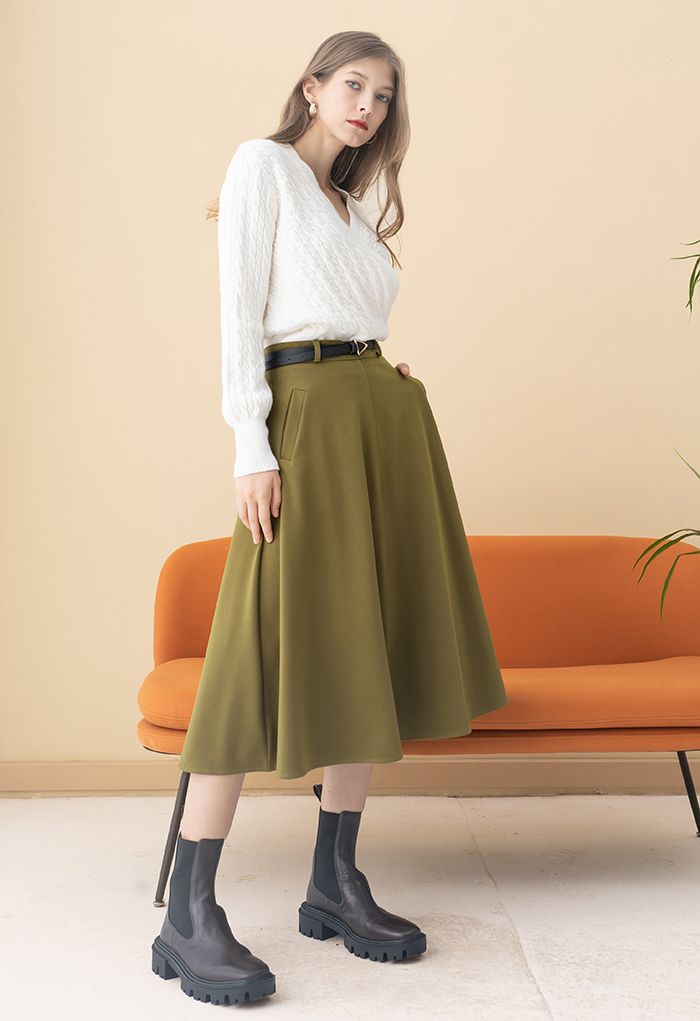 Slanted Side Pocket Belted A-Line Midi Skirt in Khaki