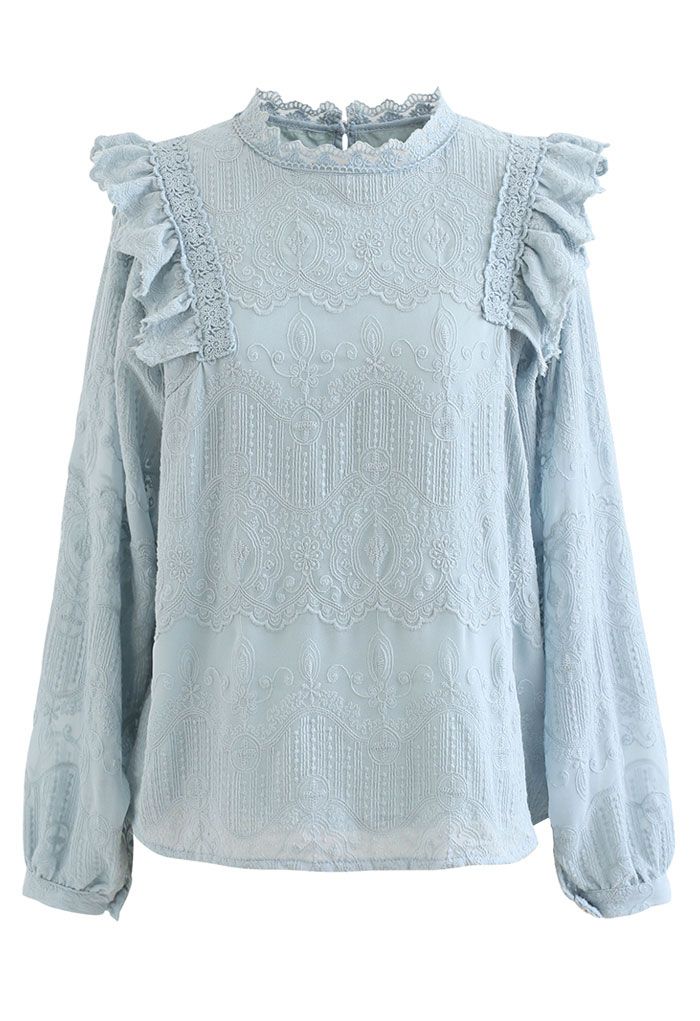 Embroidery Bubble Sleeve Ruffle Chiffon Top in Blue