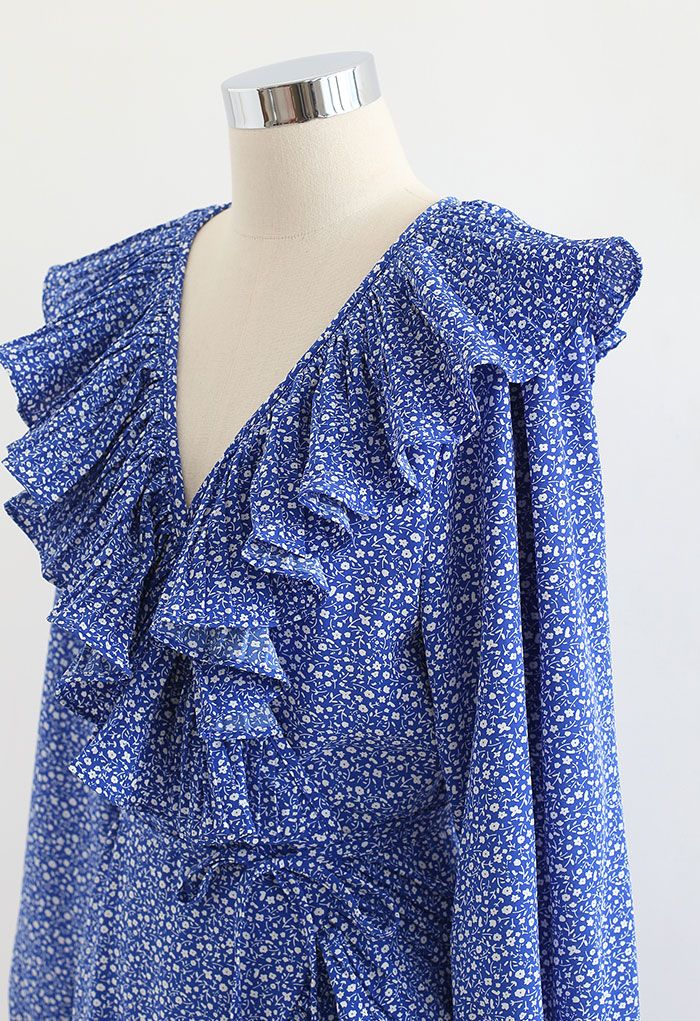Flowery Wrap Ruffle Asymmetric Midi Dress in Blue