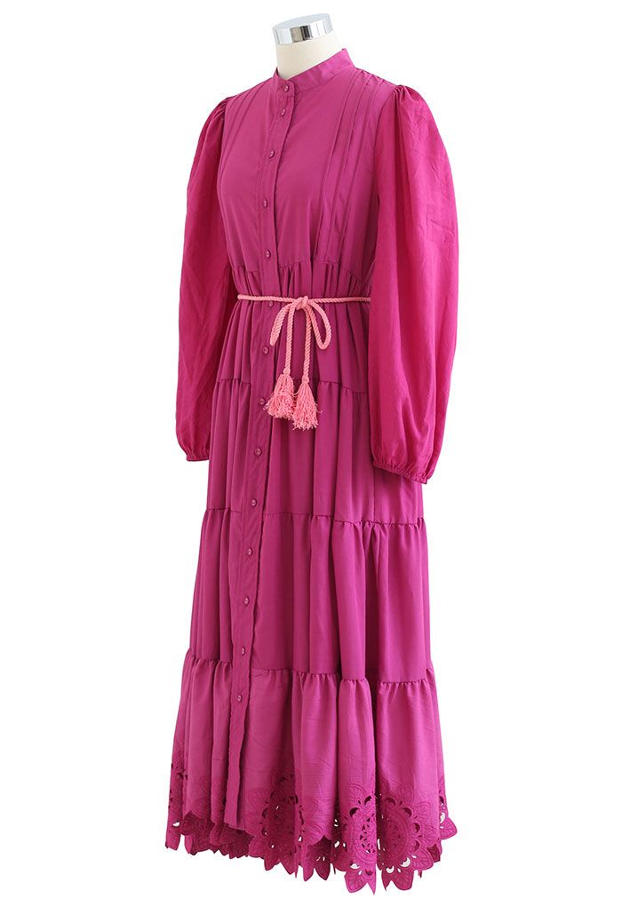 Flower Cutwork Cotton Maxi Dress in Hot Pink
