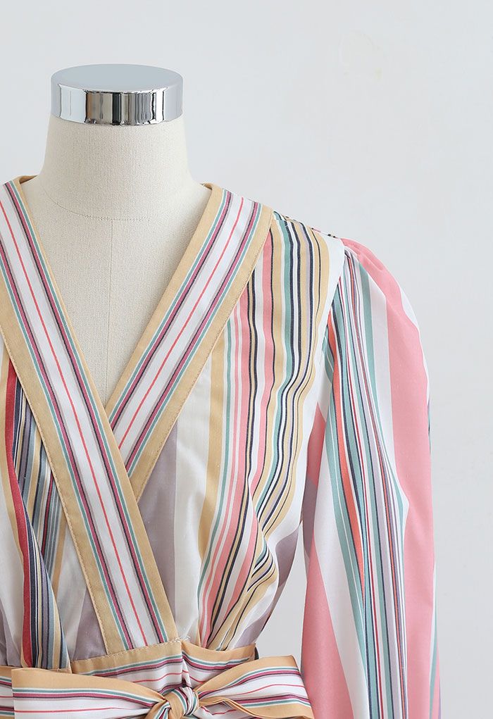 Stripe Print Cotton Self-Tie Wrap Top and Maxi Skirt Set