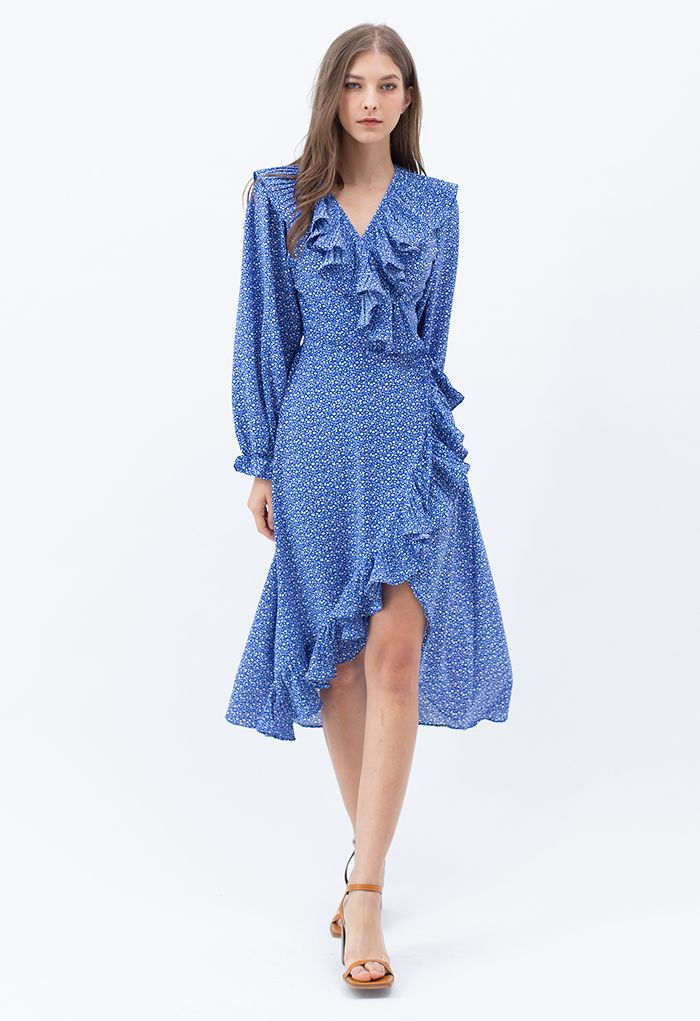 Flowery Wrap Ruffle Asymmetric Midi Dress in Blue