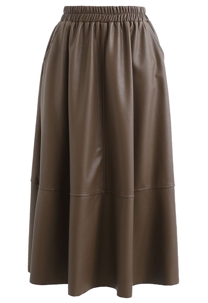 Faux Leather Side Pocket Midi Skirt in Brown