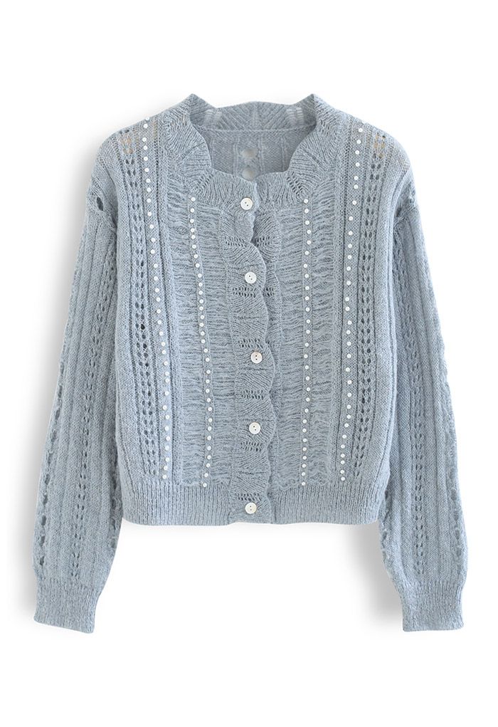 Pearly Hollow Out Knit Buttoned Top in Dusty Blue