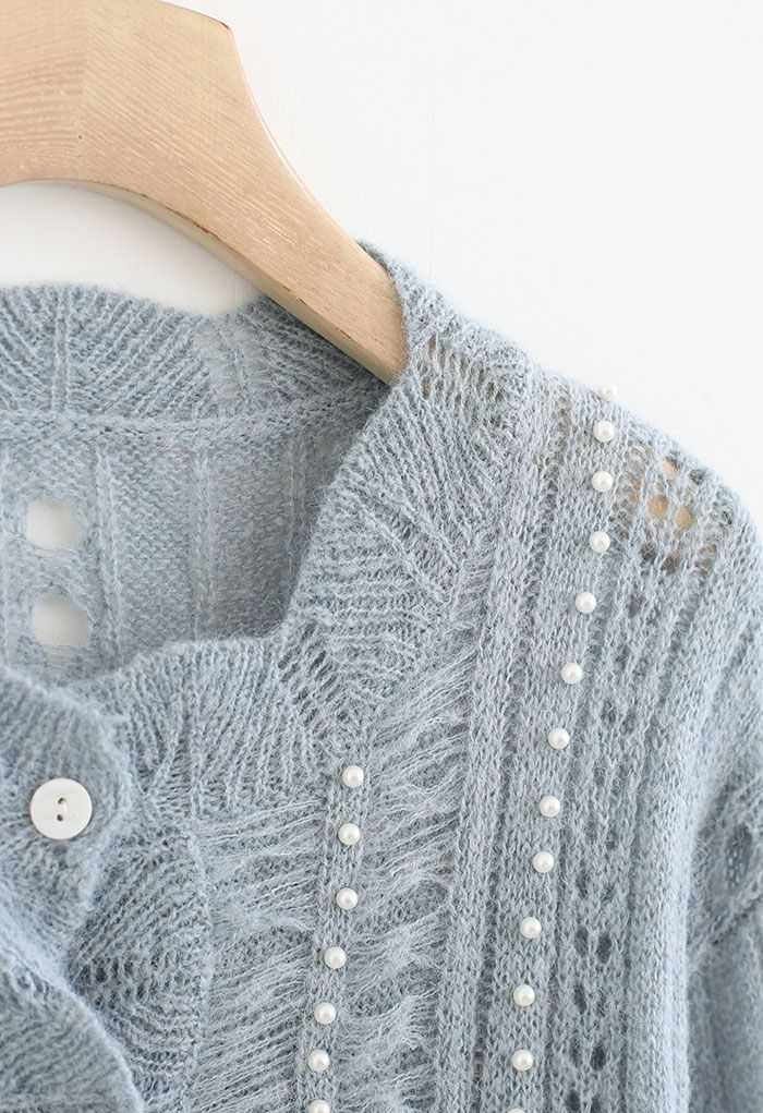 Pearly Hollow Out Knit Buttoned Top in Dusty Blue
