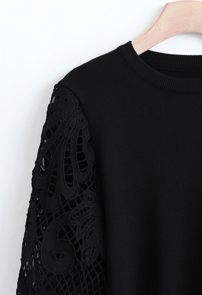 Baroque Crochet Sleeve Knit Top in Black