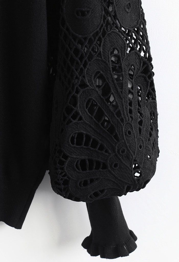 Baroque Crochet Sleeve Knit Top in Black
