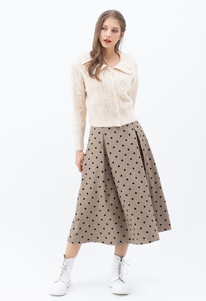Polka Dot High Waist Midi Skirt in Sand