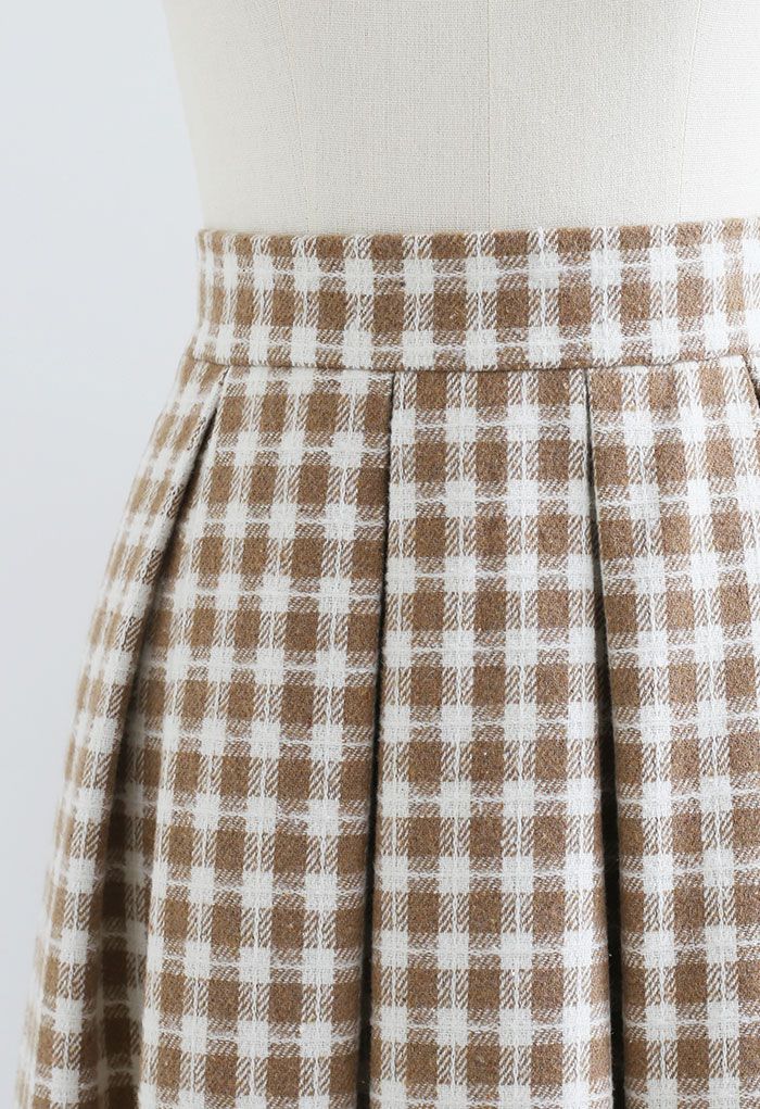 Plaid Print Wool-Blend Pleated Midi Skirt in Light Tan