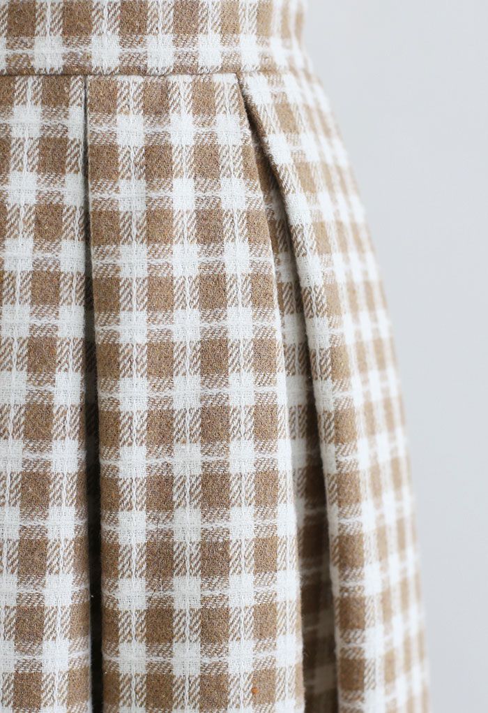 Plaid Print Wool-Blend Pleated Midi Skirt in Light Tan