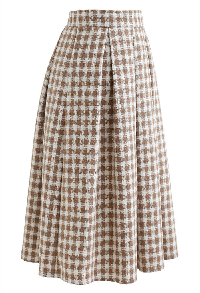 Plaid Print Wool-Blend Pleated Midi Skirt in Light Tan