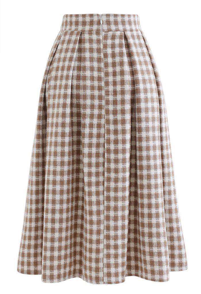 Plaid Print Wool-Blend Pleated Midi Skirt in Light Tan