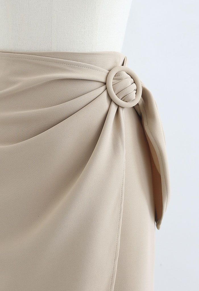 Flap Front Knot Side Midi Petal Skirt in Light Tan