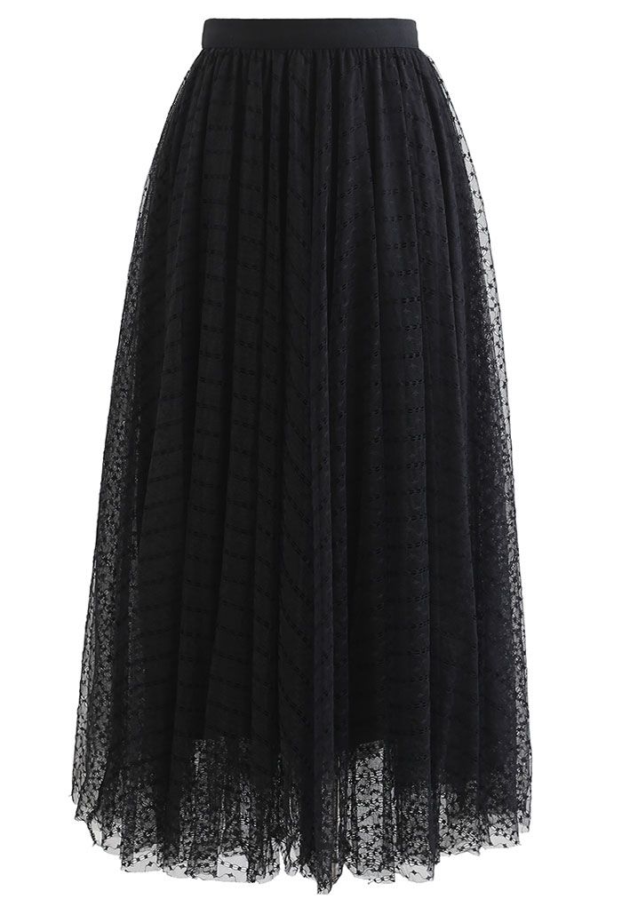 Lacy Chain Double-Layered Mesh Tulle Midi Skirt in Black