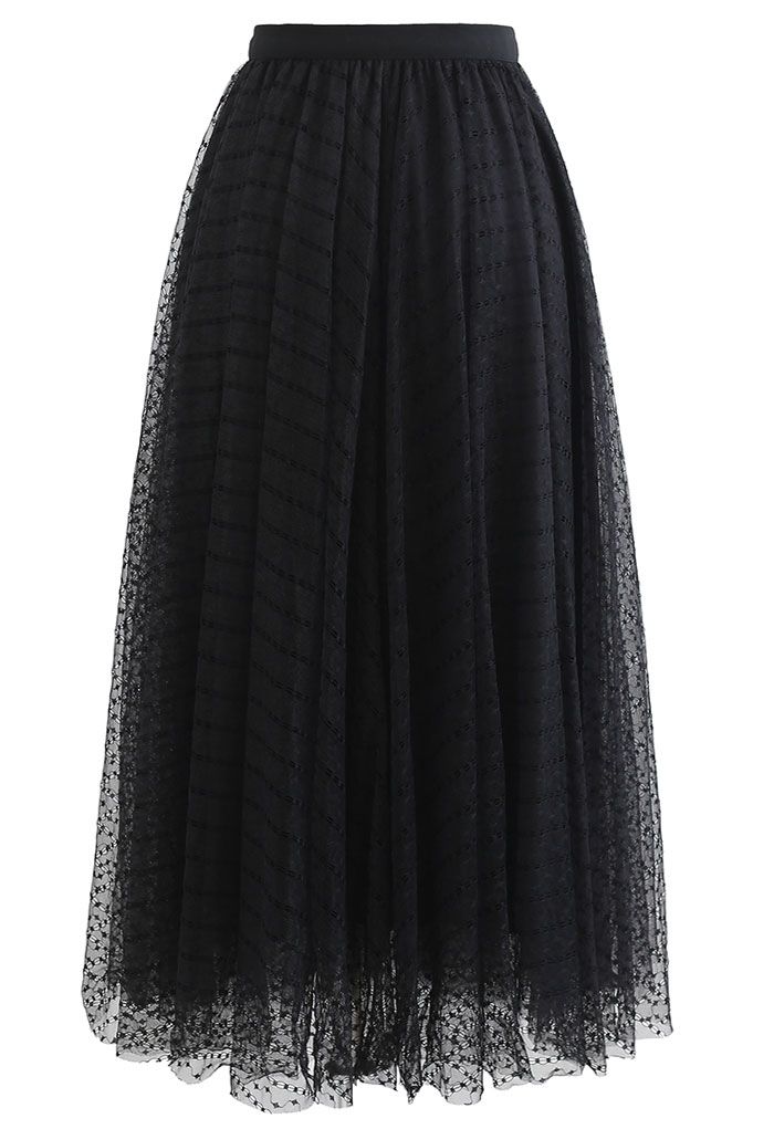 Lacy Chain Double-Layered Mesh Tulle Midi Skirt in Black
