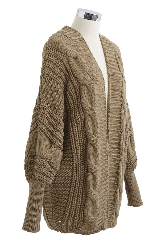 Open Front Batwing Sleeve Cable Knit Cardigan in Tan