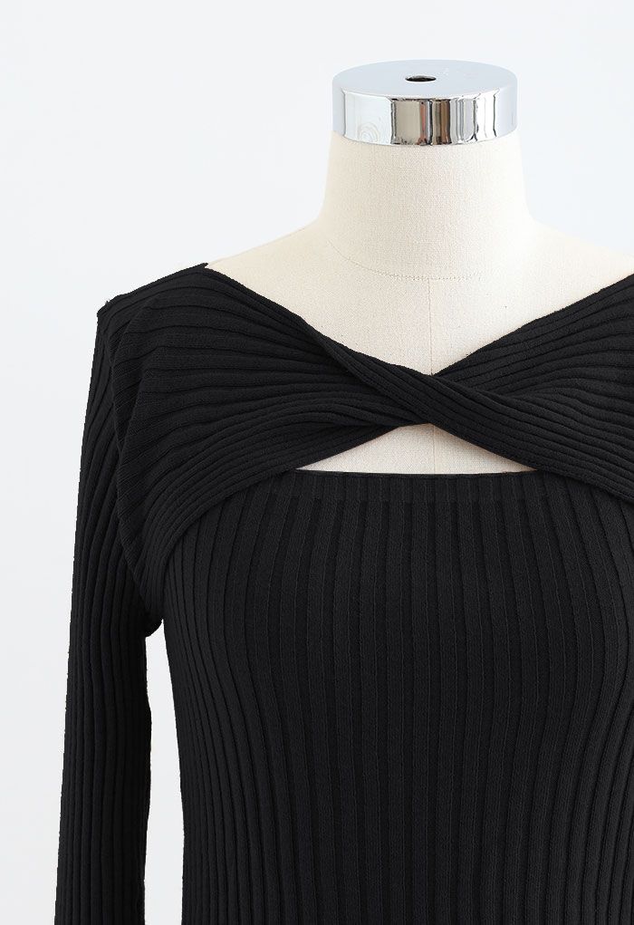 Twisted Cut Out Fitted Knit Top in Black
