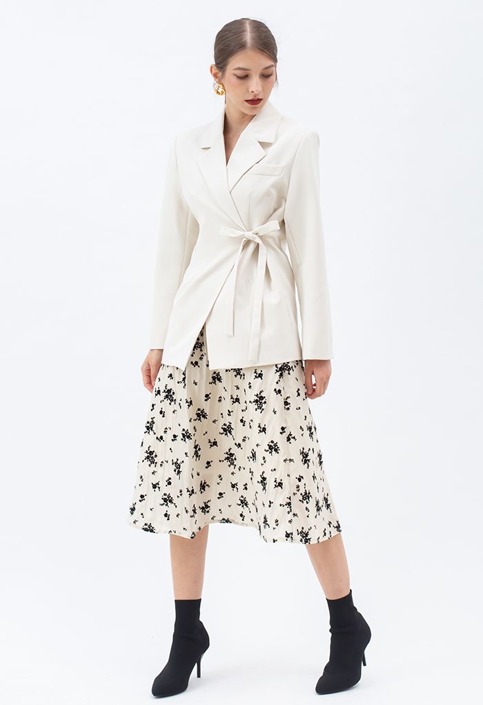 Posy Overlay Mesh Pleated Midi Skirt in Cream