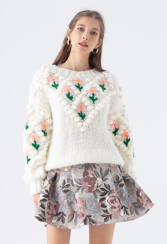 Stitch Floral Diamond Pom-Pom Hand Knit Sweater in White