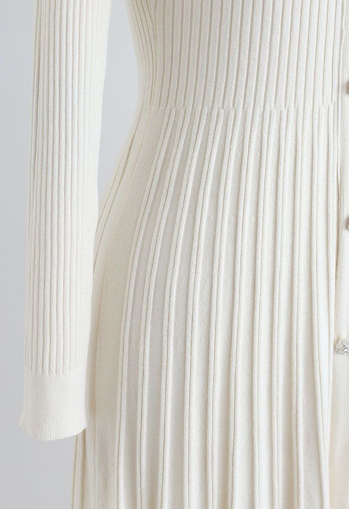 Button Front Ribbed Knit A-line Midi Dress in Cream