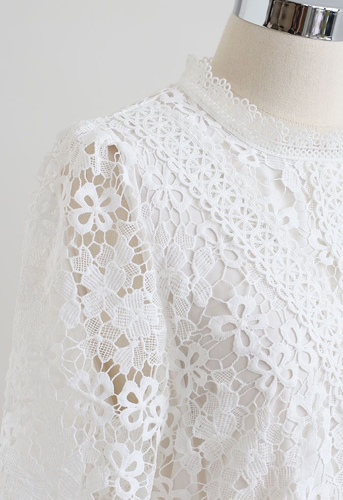 Clover Crochet High Neck Top in White