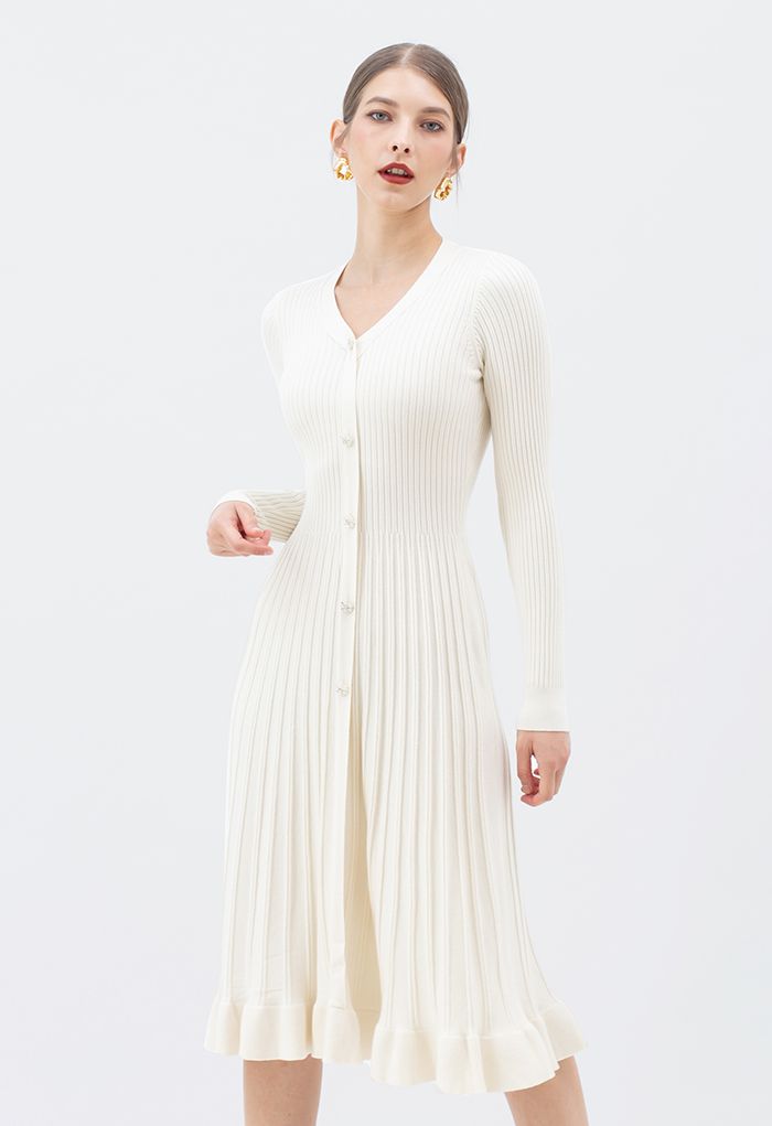 Button Front Ribbed Knit A-line Midi Dress in Cream