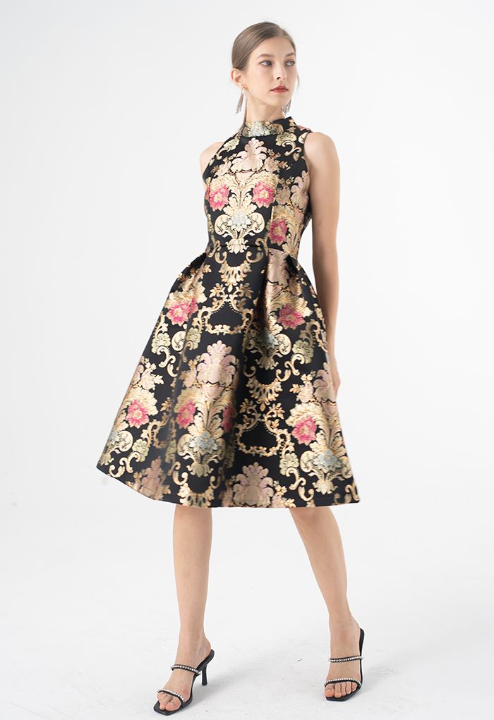 Splendid Peony Baroque Jacquard Sleeveless Dress in Black