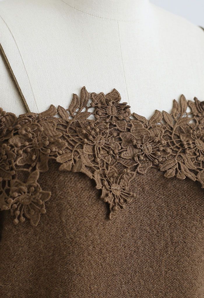 3D Floral Crochet Edge Off-Shoulder Soft Knit Top in Brown