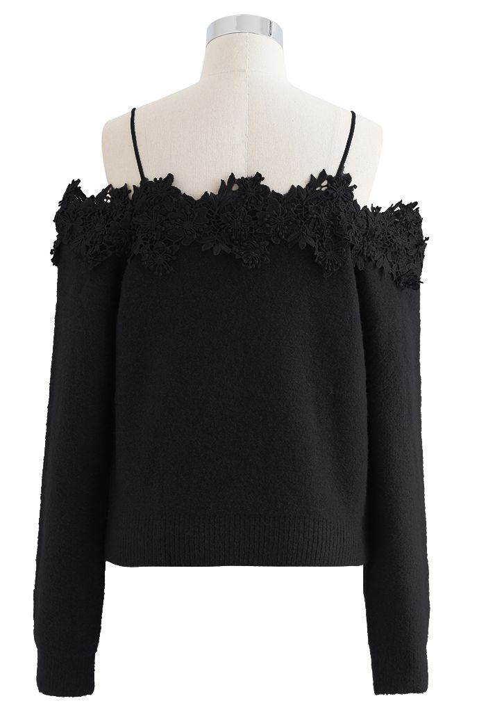 3D Floral Crochet Edge Off-Shoulder Soft Knit Top in Black