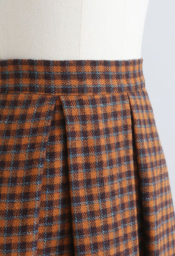 Colored Gingham Wool-Blend Pleated Skirt in Orange